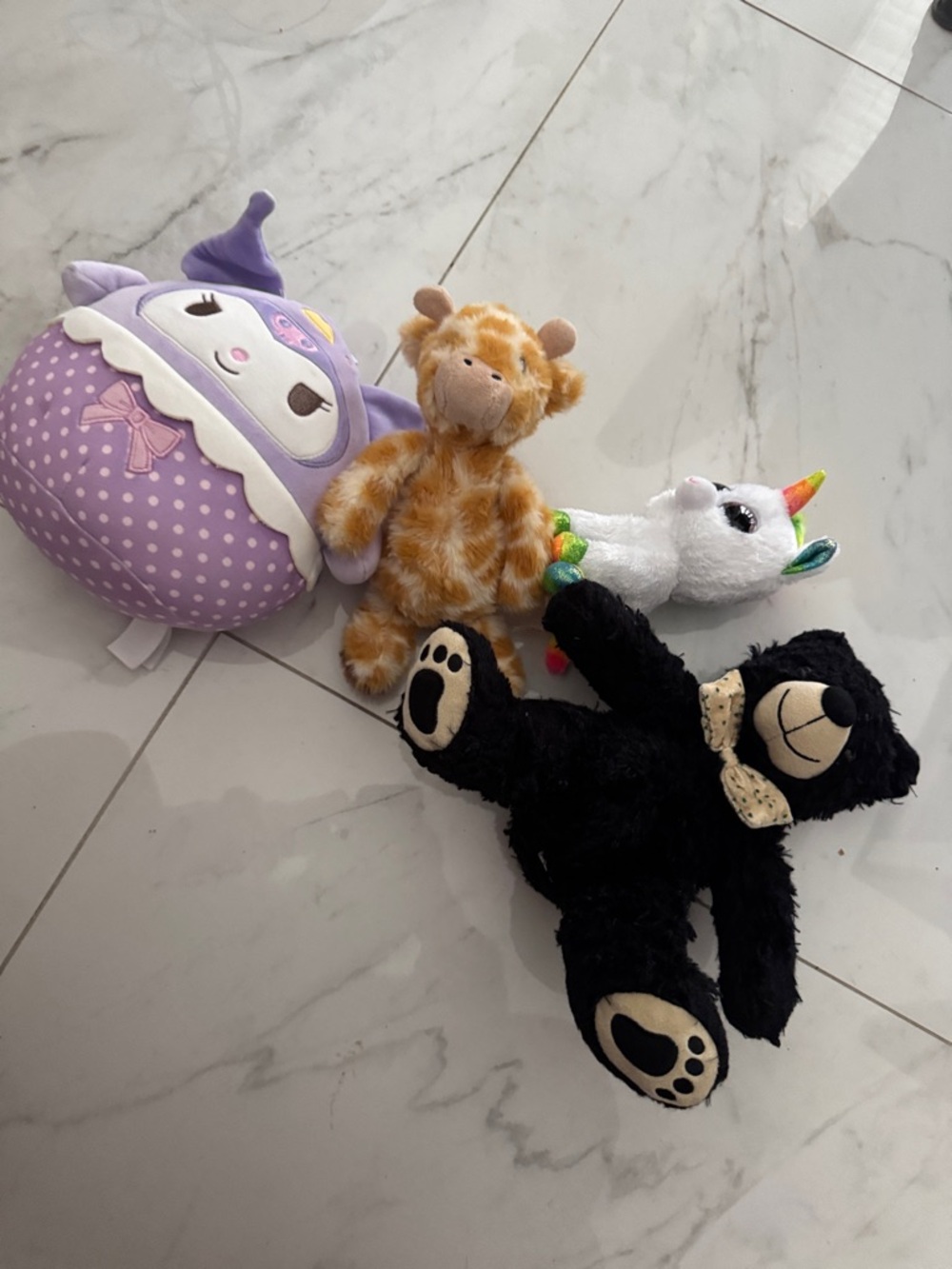 5 Plush Stuffed Animals — Purple, White, Gold, Black Kids Toy Bundle